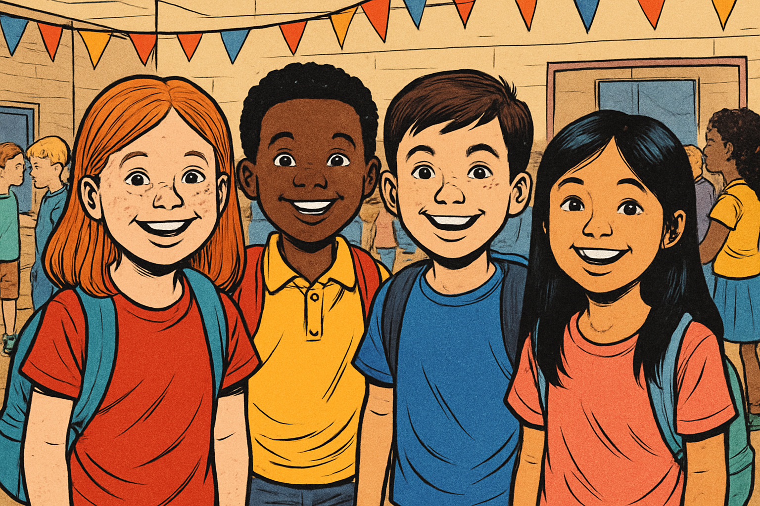 Grade school kids at a school event smiling directly at the camera-1