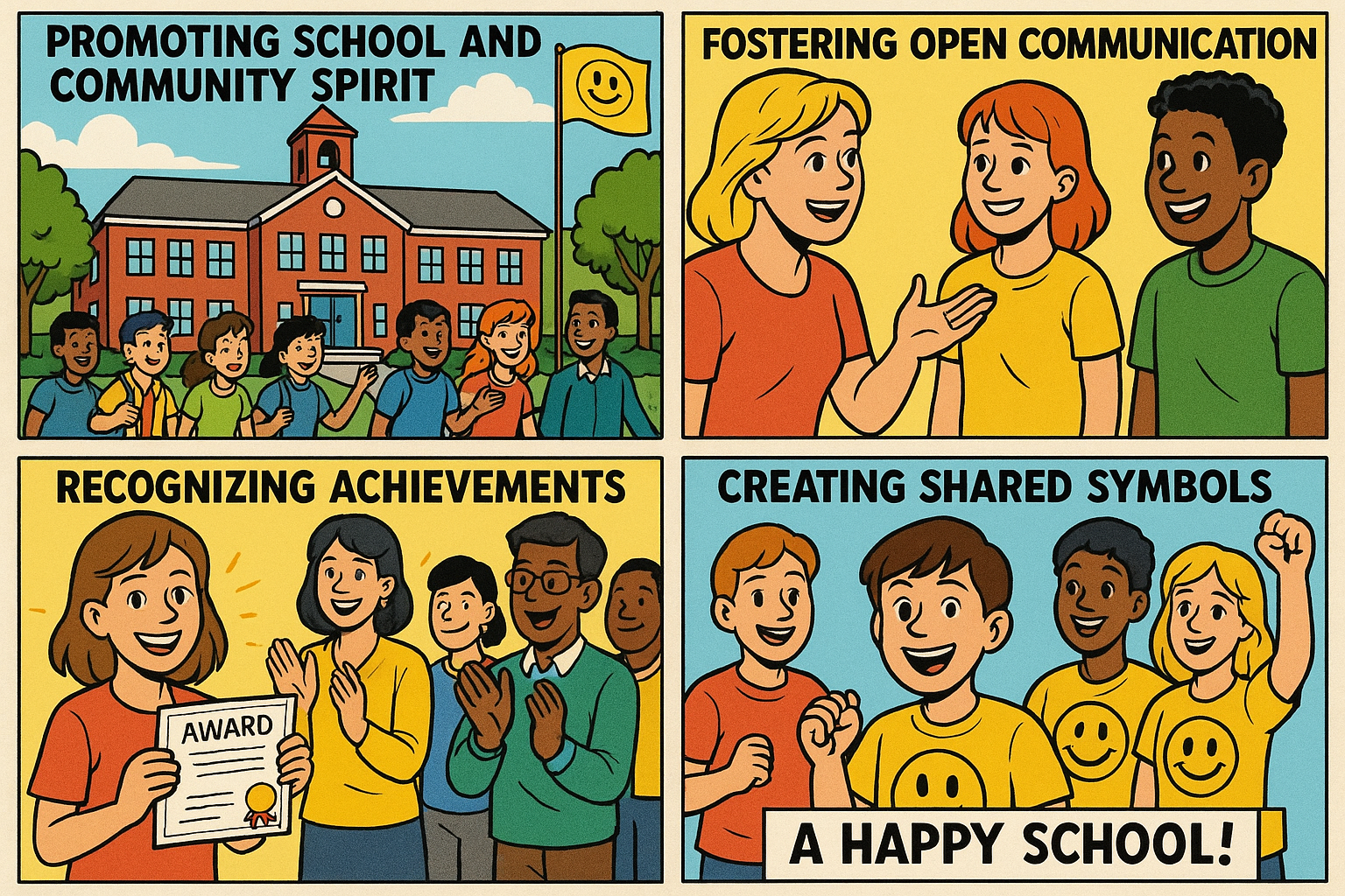Promoting school and community spirit by creating a sense of belonging and pride through various engaging activities and initiatives Fostering open communication recognizing achievements promoting volunteerism and creating shared symbols A happy scho