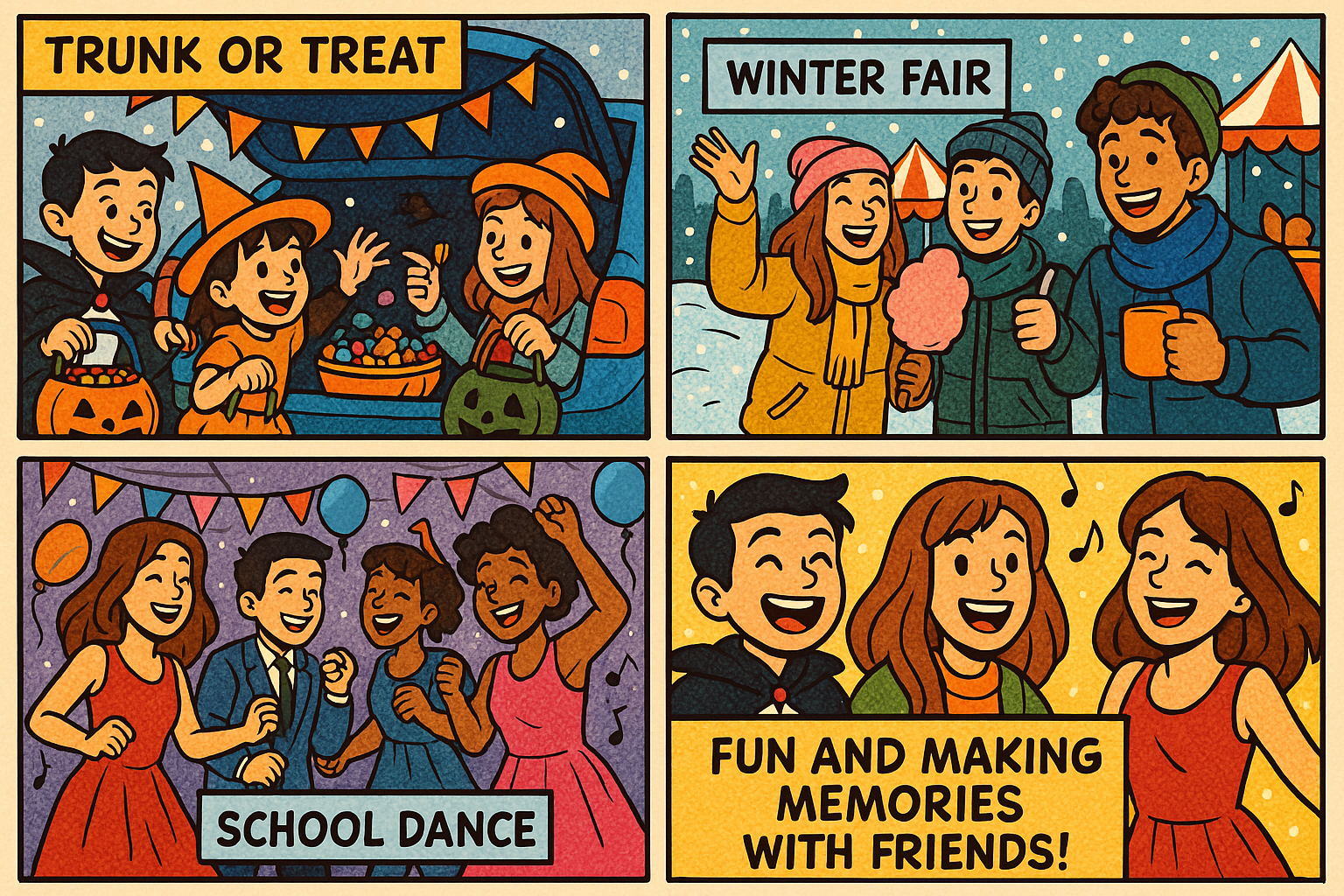 Student events such as trunk or treat winter fair and a school dance that are centered on fun and making memories with friends